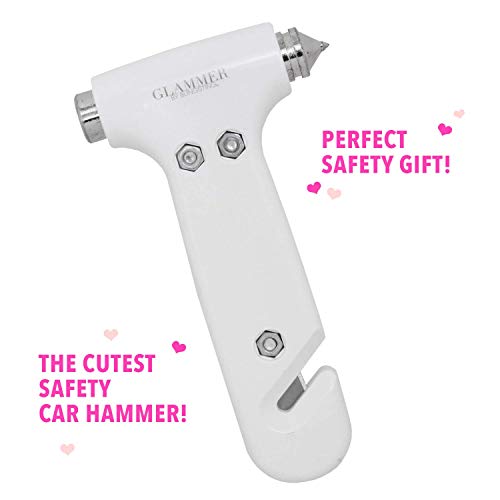 Car Window Breaker and Seatbelt Cutter - Women's Auto Emergency Vehicle Escape Hammer/Seat Belt Cutter the Glammer Hammer, Effective & Fashionable in White