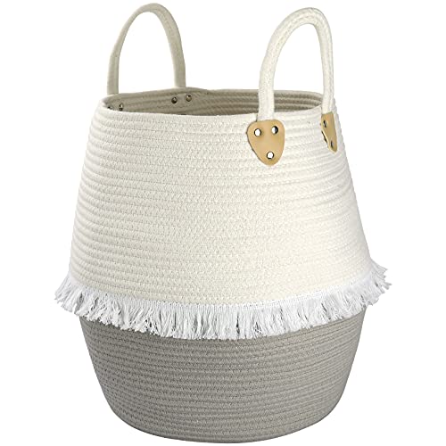 LA JOLIE MUSE 38 CM Large Cotton Rope Woven Storage Basket with Handles, Laundry Hamper and Versatile Organization and Storage Bin, Natural & Safe for Baby Kids Nursery, Off White & Gray
