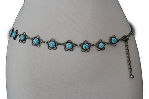 TFJ Women Fashion Metal Chains Belt Hip Waist Silver Turquoise Blue Flowers XS S M
