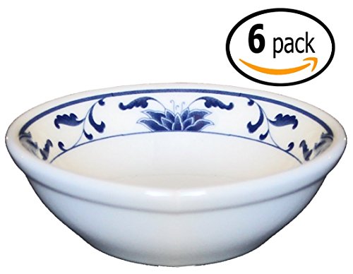 Ceramic Side Sauce Dish and Pan Scraper, 3 Inch, 2 Ounce, Blue Lotus, 6-Pack