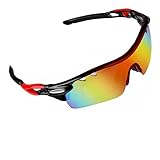 Polarized Sports Sunglasses, Poshei P01 Outdoor Sun Glasses with 5 Interchangeable Lenses for Men Women Baseball Cycling Fishing Golf (Red&Grey)