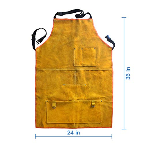 Leather Welding Apron Flame-Resistant Heat Resistant Work Apron Fire Resistant Welding/Welder Smock, 24 x 36 Inch, 6 Pockets