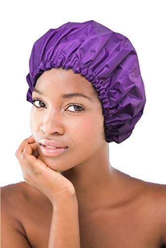 Large Satin Lined Shower Cap- Adjustable, Waterproof, Satin Interior for Hair Protection, Designed for Large, Long, or Natural, Hair, Reusable Cap by Glow by Daye (Purple/Black)