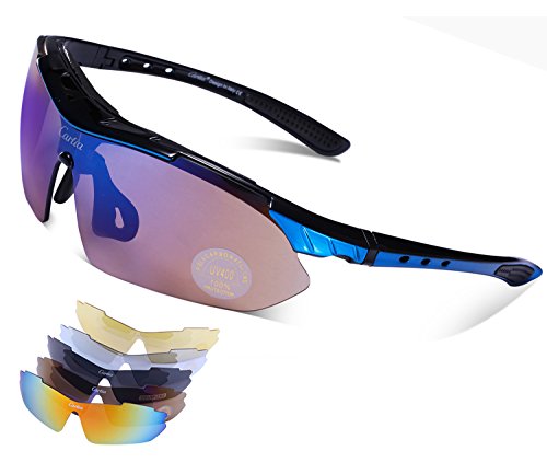 Carfia Polarized Sport Sunglasses Mens Womens TR90 Cycling Sunglasses with 5 Set Interchangeable Lenses for Skiing Running Cycling Fishing Golf,100% UV400 Protection