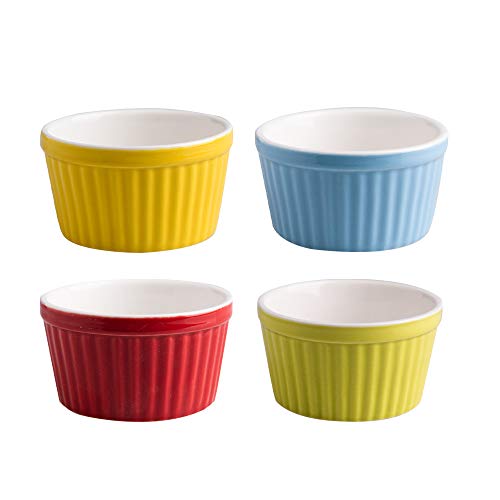 Bakerdream Porcelain Souffle Dishes, Ramekins-6 Ounce for Souffle, Creme Brulee and Dipping Sauces Ice Cream Dessert Cup, Set of 4 (4 bright colors)