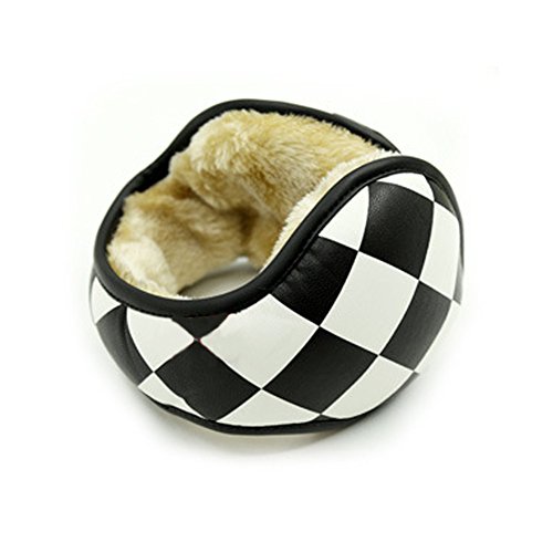 Neaer Winter Earmuffs Foldable Ear Warmers Plaid Plush Ear Muff Adjustable PU Leather Earcap Back Wear Ear Cover