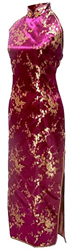 7Fairy Women's Vtg Burgundy Floral Halter Backless Long Chinese Dress