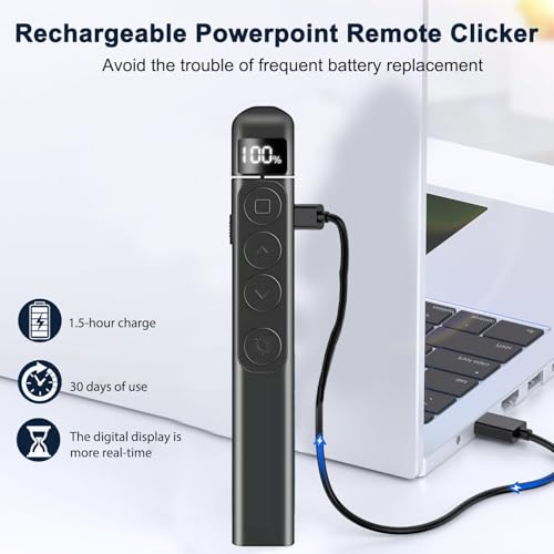 Presentation Clicker Wireless Presenter, 2.4GHz Remote Control USB Power Point Clicker Red Laser Pen with Hyperlink & Volume Control LED Display Slideshow Pointer for Keynote Laptop Computer Office