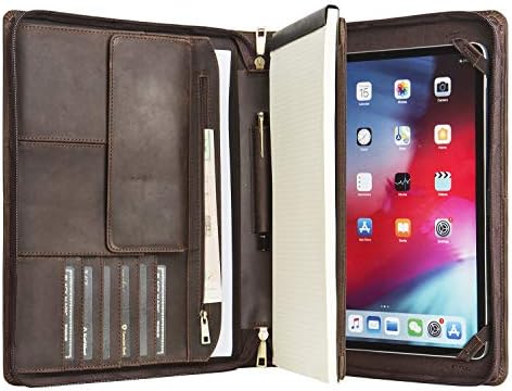 Handcrafted Leather Tablet Portfolio for 12.9-Inch iPad Pro (2nd Gen 2017), Business Briefcase with Retractable Handle, Ideal for Right or Left-Handed (Non-Custom, Dark Brown)