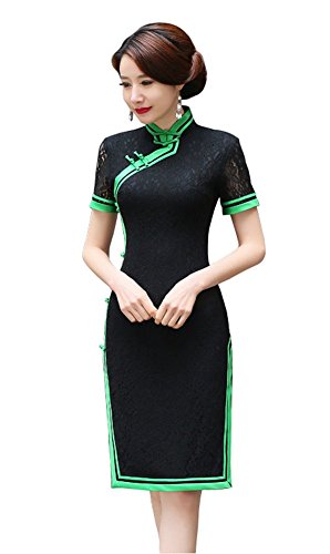Angcoco Women's Quality Short Sleeve Knee Long Lace Cheongsam Dress China Qipao