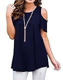 PrinStory Womens Cold Shoulder Round Neck Short Sleeve Tunic Tops Navy Blue-XL