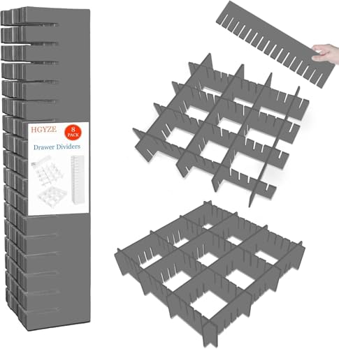 Hgyze Schubladentrenner Verstellbar 9Cm Hoch, Schubladenteiler 42Cm Länge, Grau Schubladen Organizer Ordnungssystem, 8Er-Set Kunststoff Trennwand Schublade Für Besteck, Küche, Schlafzimmer, Kommode