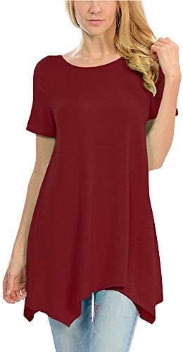 Fanfly Womens Flattering Tunic Tops Round Neck Loose Fit Short Sleeve Swing T Shirt (Wine Red, 2X-Large)