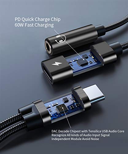 USB C to 3.5mm Headphone and Charger Adapter, 2 in 1 USB C to 3.5mm Headphone Jack Hi-Fi DAC with USB C Fast Charging Dongle Cord Compatible Galaxy S21/S21+/S20/Note 20/Note 10, Pixel 5/4/4XL/3/3XL ¡­