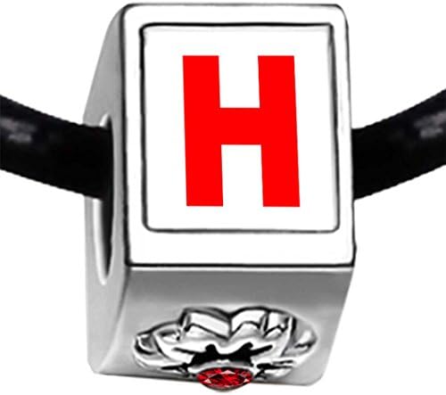 Silver Plated Red Letter H Photo White Crystal(April Birthstone) Flower Bead Charm Bracelets