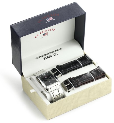U.S. Polo Assn. Classic Men's US2039  Silver-Tone Bracelet with Two Interchangeable Strap Bands Watch Set