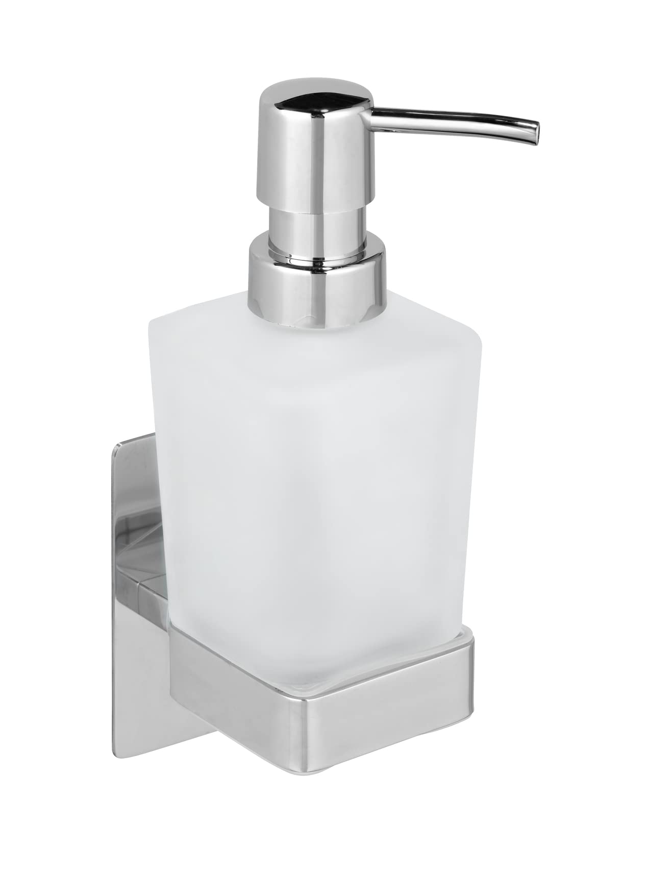 WENKO Turbo-Loc Genova Shine Soap Dispenser, 200 ml, No Drilling Required, Stainless Steel/Satin Glass, 6.2 x 19.7 x 9 cm, Shiny Silver