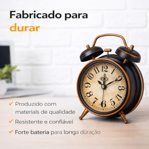 Relógio Despertador Retrô, Preto com Cobre, Estilo Vintage, Design Clássico, Ideal para Mesa de Cabeceira