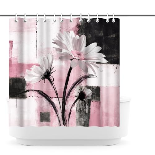 Rasrantyed Floral Shower Curtain with White Daisy Abstract Art, Beige and Black Botanical Bathroom Decor, Polyester Fabric 72x72'' with Hooks (Pink) at Amazon