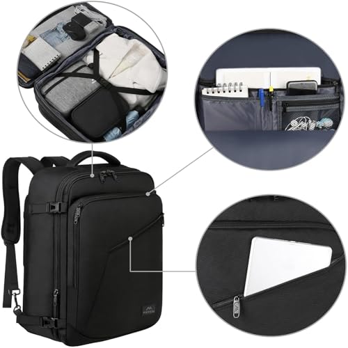 MATEIN Hand Luggage Backpack for Air Travel, black, Business | Reiserucksack Damen, Rucksack Handgepäck Flugzeug, Ryanair Rucksack Herren 40x30x20, Travel Backpack für Kurztrip, Schwarz