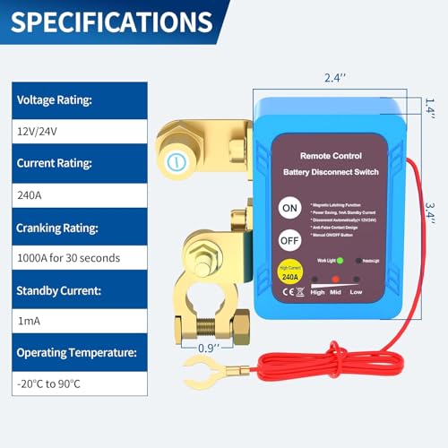 12V 240A Remote Battery Disconnect Switch, Kill Switch for Cars, Trucks, and RVs, Anti-Theft Car Kill Cut Off Switch, Prevents Battery Drain, Remote Battery Kill Switch