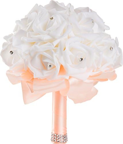 Handmade Wedding Bouquet with White Flower and Peach Ribbon and Handle by WorldofWeddings - Artificial White Foam Rose Bridal Bouquet for Weddings