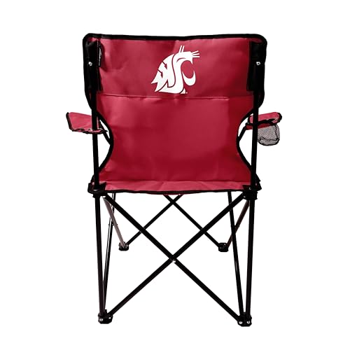 Logo Brands NCAA Washington State Cougars Portable Quad Chair - Powder-Coated Steel Folding Tailgate Chair with Armrests, Built-In Cup - Includes Carry Bag, Great For Outdoor Events & Tailgates