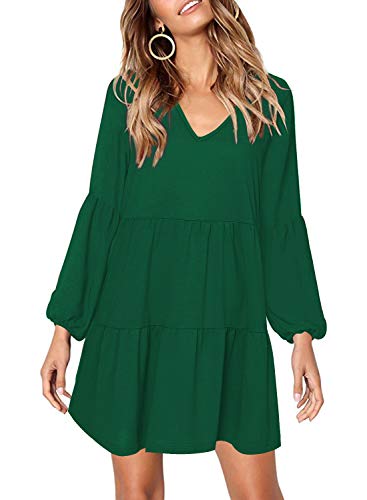 Arolina Womens Pleated Ruffle Knee Length Tunic Dress V Neck Casual Swing Shift Dresses Green XL