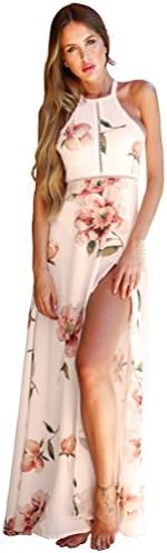 Maxi Dresses For Women, Summer Fancy Floral Long Halter Flower White Large Size High Wasit Backless Chiffon Wedding Cocktail Hawaiian Boho Formal Casual Bridesmaid Evening Prom Party Gril Dress M
