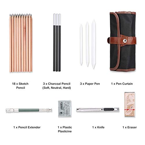 Soosee 29 Pieces Professional Sketching & Drawing Art Tool Kit with Graphite Pencils, Charcoal Pencils, Paper Erasable Pen, Craft Knife-Lightwish (Without Sketchbook, Canvas Rolling Pouch)