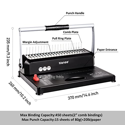 TIANSE Binding Machines, 21Holes, 450 Sheets, Comb Bind Machine Book Maker with 100 PCS 3/8