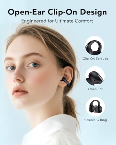 Clip Earbuds Open Ear Headphones Wireless Earphones Bluetooth 6.0, 12mm Dynamic Drivers, 25 Hours Sports Ear buds, Air Conduction Headphones Compatible with iPhone & Android, Black