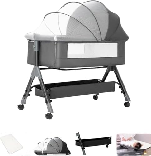 DMG TECH Crib, Bedside Sleeper Bedside Crib, Multifunctional 4-In-1 with Breathable Net, With Diaper Table, Mosquito Net, Mattress, Storage Basket Easy Folding Portable Crib For Newborn Baby