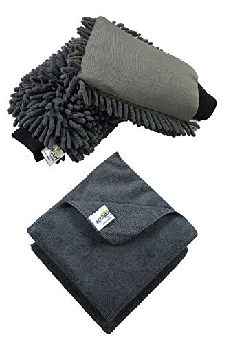 SOFTSPUN Microfiber Chenille & Single-Side Gloves 1700 GSM  with Towel 340 GSM, 4 Piece, Grey, Multi-Purpose Super Absorbent and Perfect Wash Clean with Lint-Scratch Free Car, Dusting!