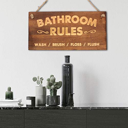 Agantree art Bathroom Rules Sign 12 x 6 Inch Hanging Rustic Farmhouse Plank Wood Decorative Wall Art Bathroom Sign Plaque Bathroom Décor