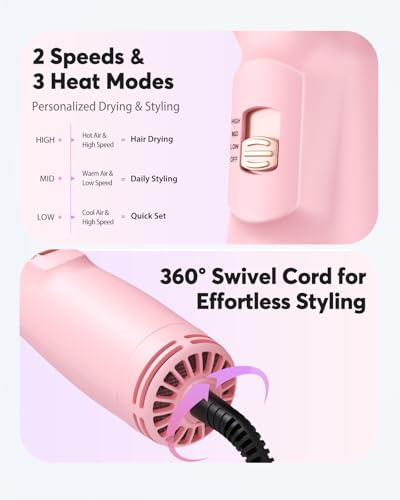 Travel Blow Dryer Brush in one, Dual Voltage 120V-240V Mini Hair Dryer Brush, Portable 2-Inch Hot Air Brush, 4-in-1 Dry, Volumize, Curl & Straighten Styler with EU&UK Plug