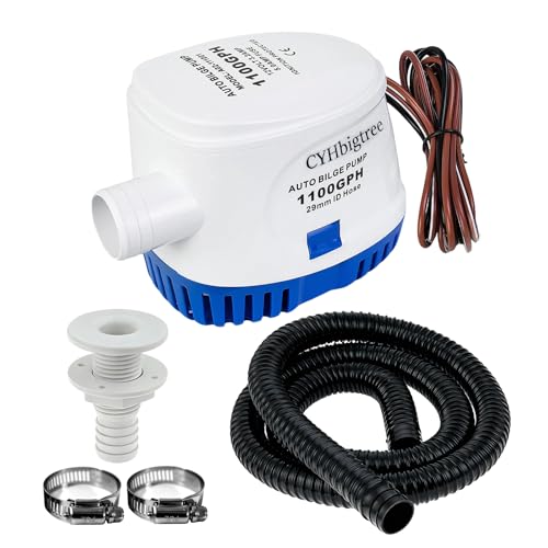 1100GPH Automatic Boat Bilge Water Pump Kit, 1-1/8 inch 12V Small Marine Bilge Pump with Float Switch, 6FT Hose, 2 Clamps, Thru-Hull Fitting, Ideal for Fishing Boats, Cruisers, Runabouts, Yachts