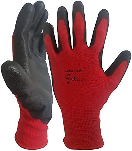 A406 12 Pairs Red Black Nitrile Coated Gloves Nylon Safety Work Gloves Garden Gloves Builders Gloves Mens Gardenin (Large/9)