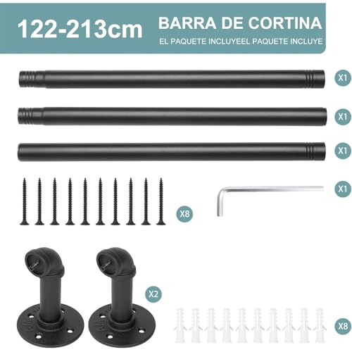 Barra de Cortina Negra, Barra Cortinas Extensible Industrial, Barra Extensible Cortina de 25 mm de Diámetro, Barra de Cortina para Montaje en Techo para Ventanas (Negro esmerilado, 48-84 pulgadas)