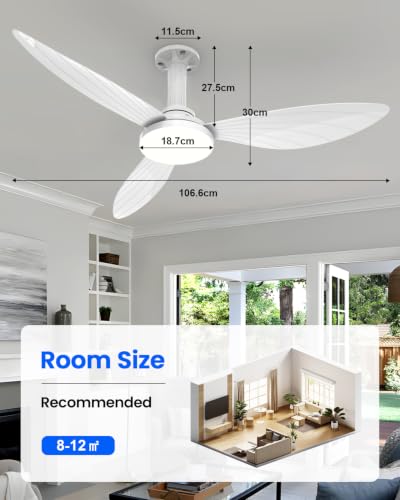 Hisummer 106 cm Ceiling Fan with Light, E27 Connection Only with Base Supplied, Quick Assembly Silent Reversible Ceiling Fan with Remote Control for Bedrooms, Living Rooms, Kitchens