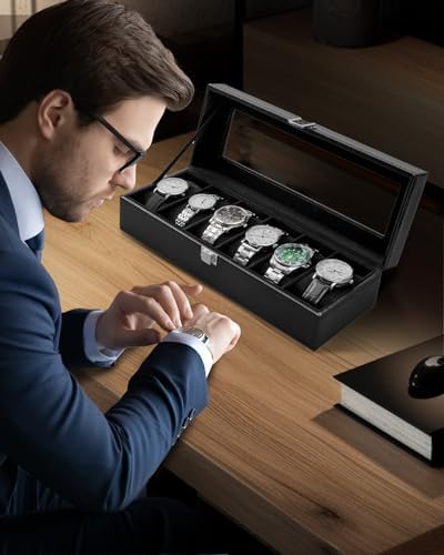 Ohuhu Watch Cases for Men Watch Box 6-Slot PU Leather Real Glass Lid Jewelry Organizer Storage Soft Velvet Watch Holder Display Case for Women Birthday Fathers Day Valentine's Day Gifts