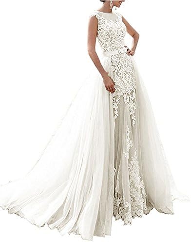 Angel Formal Dresses Women's Appliques Beading Lace Mermaid Detachable Wedding Dress For Bride(8,Ivory)