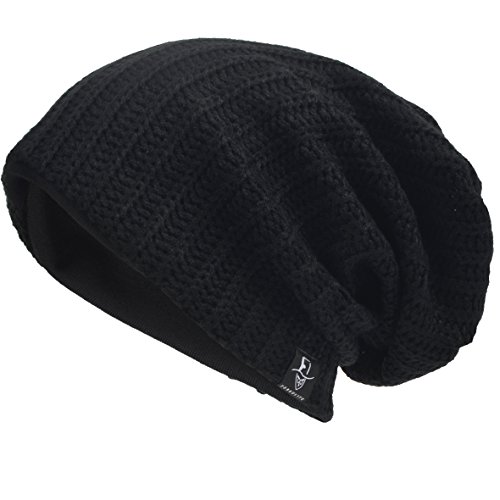 Men's Cool Cotton Beanie Slouch Skull Cap Long Baggy Hip-hop Winter Summer Hat B305 (Ribbed-Black)