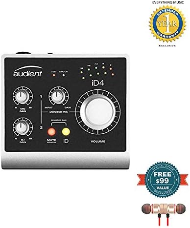 Audient iD4 USB 2-in/2-out High Performance Audio Interface includes Free Wireless Earbuds - Stereo Bluetooth In-ear and 1 Year Everything Music Extended Warranty