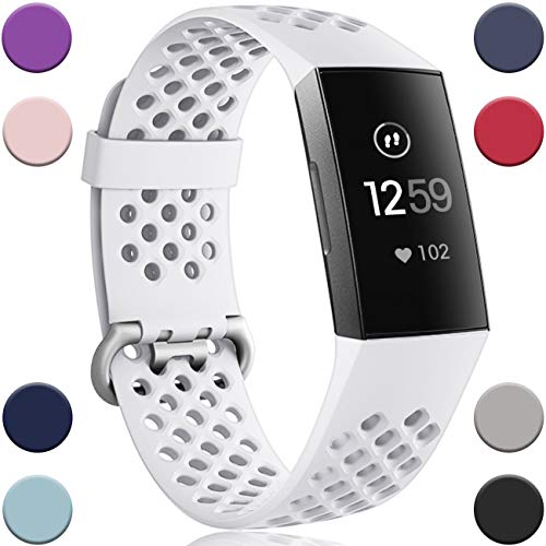Wepro Bands Replacement Compatible Fitbit Charge 3 for Women Men Small, Waterproof Breathable Holes Watch Sport Strap Accessories for Fitbit Charge 3 SE Fitness Tracker, White