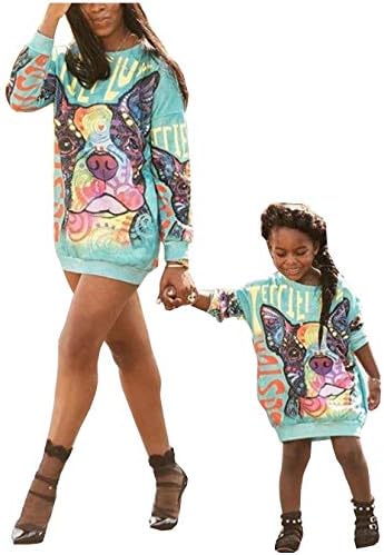 Mommy and Me Puppy Print O-Neck Long Sleeve Short Dress Family Matching One Piece Blouse Casual Long Shirt