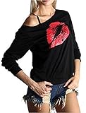 Smile fish Women Casual 80s Sweatshirts Lips Print Off Shoulder Pullover Hoodies