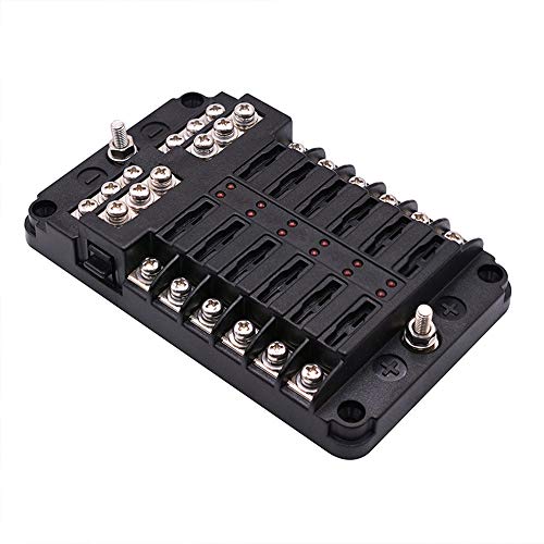 12-Way Fuse Block W/Negative Bus – WUPP ATC/ATO Fuse Box with LED Warning Indicator & Durable Protection Cover for Automotive Car Boat Marine RV Truck DC 12-24V, Fuses Not Included