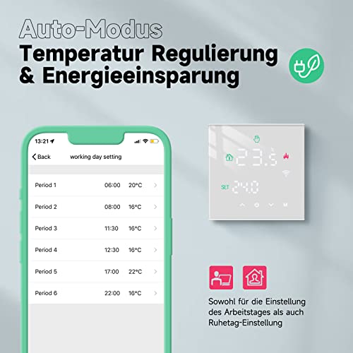 Beok Thermostat Underfloor Heating Smart, WiFi Room Thermostat for Water Underfloor Heating Thermostats Heating Digital LCD Programmable Compatible with Alexa, Google Home 3A 230V TGW60W-WIFI-WP White