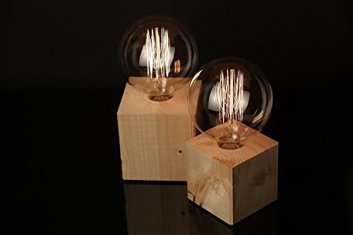 Set of 2: Wooden Lamp "The Cube" Table lamp with black textile cable and extra large vintage Edison bulb